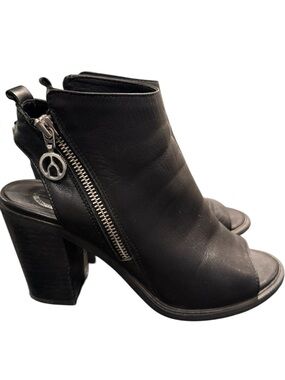 Black Leather Open-Toe Block Heel with Side Zip